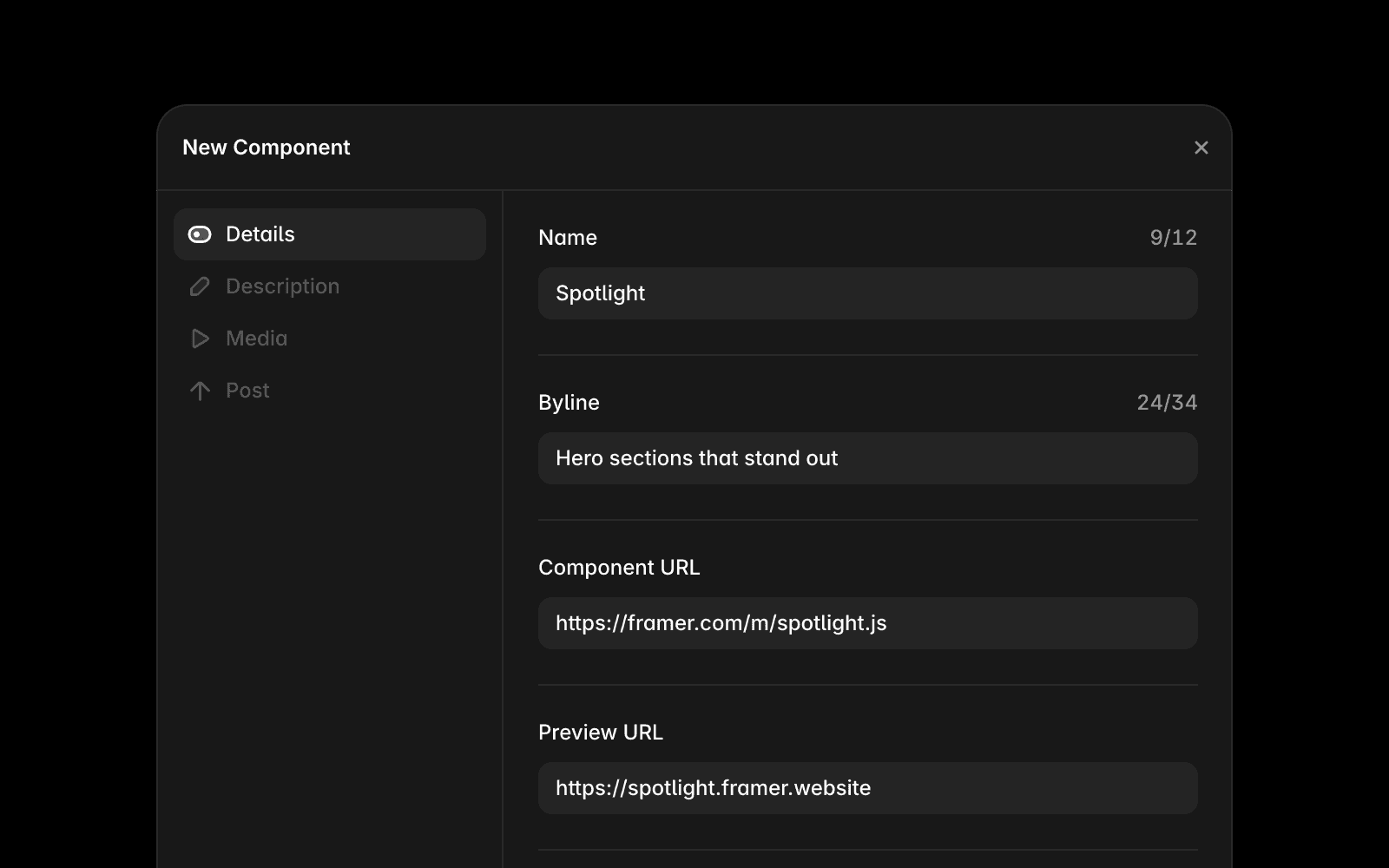 Screenshot showing a component preview setup page with the component centered for a live Framer Community preview.