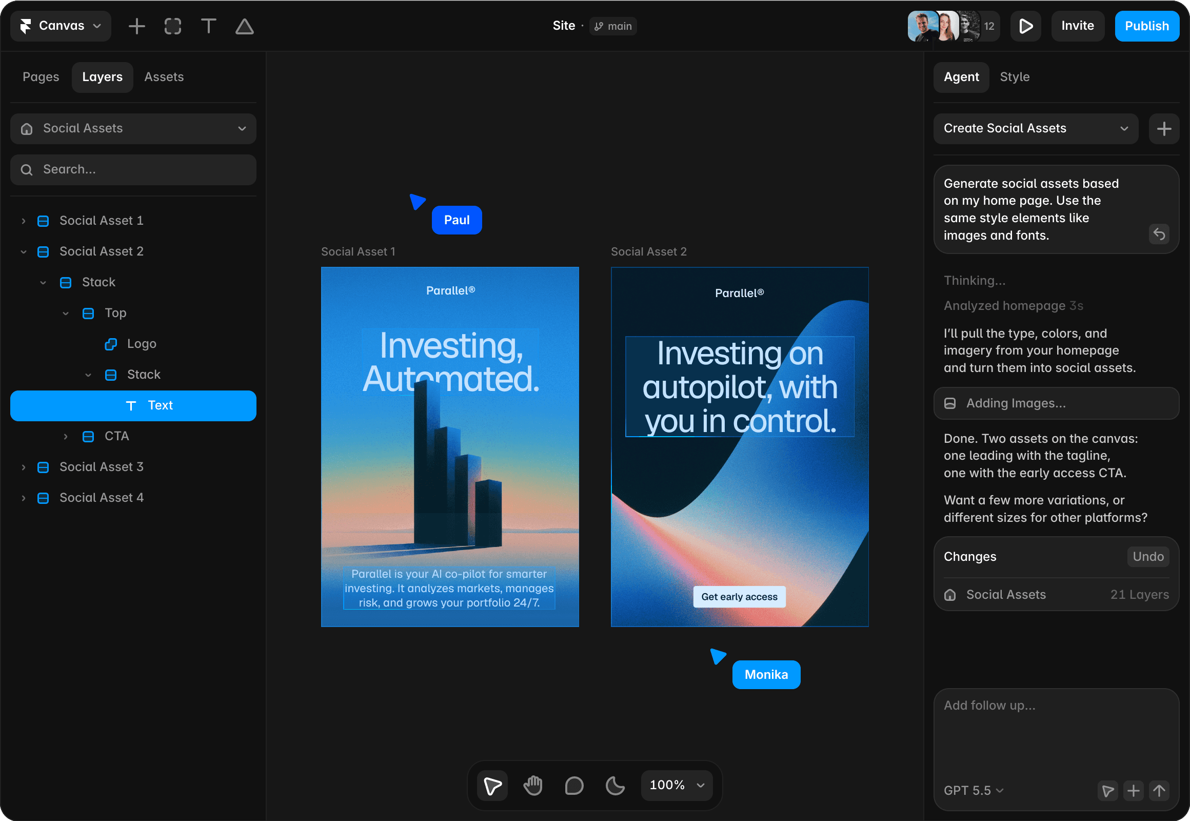 Framer AI design page interface for generating editable layouts