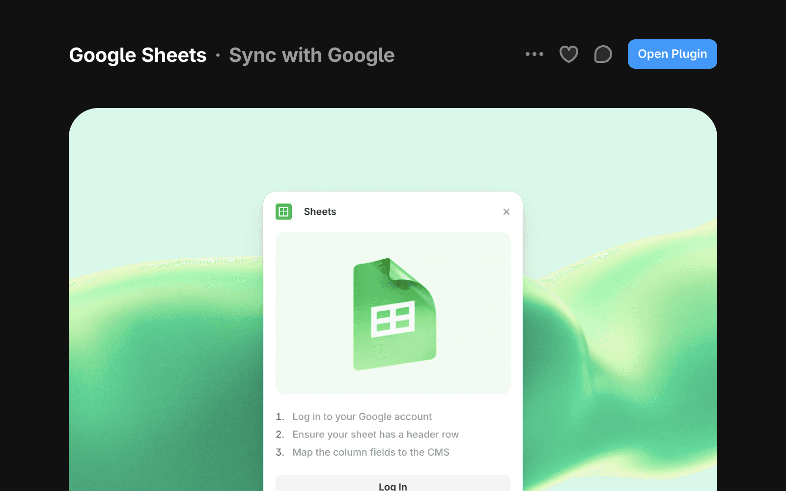 Google Sheets plugin detail page with an Open Plugin button and setup steps.