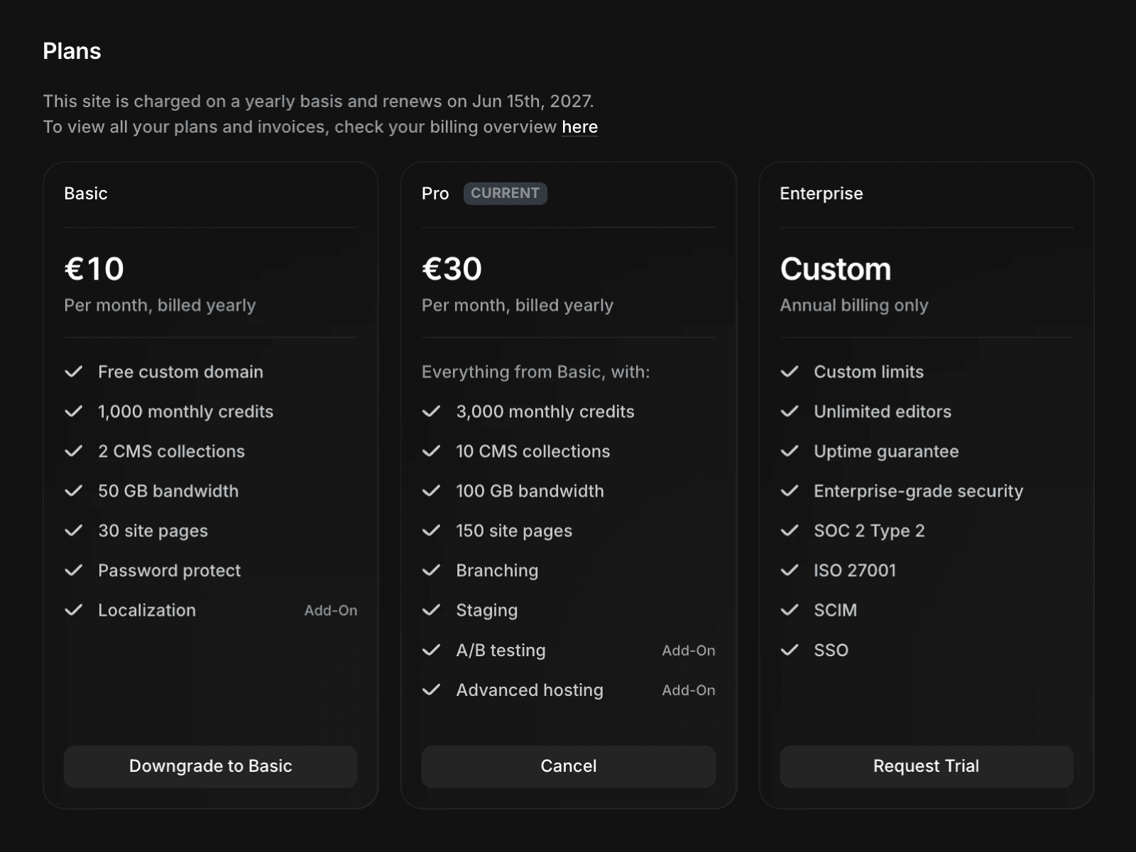 Screenshot of Framer site settings showing the Plans tab