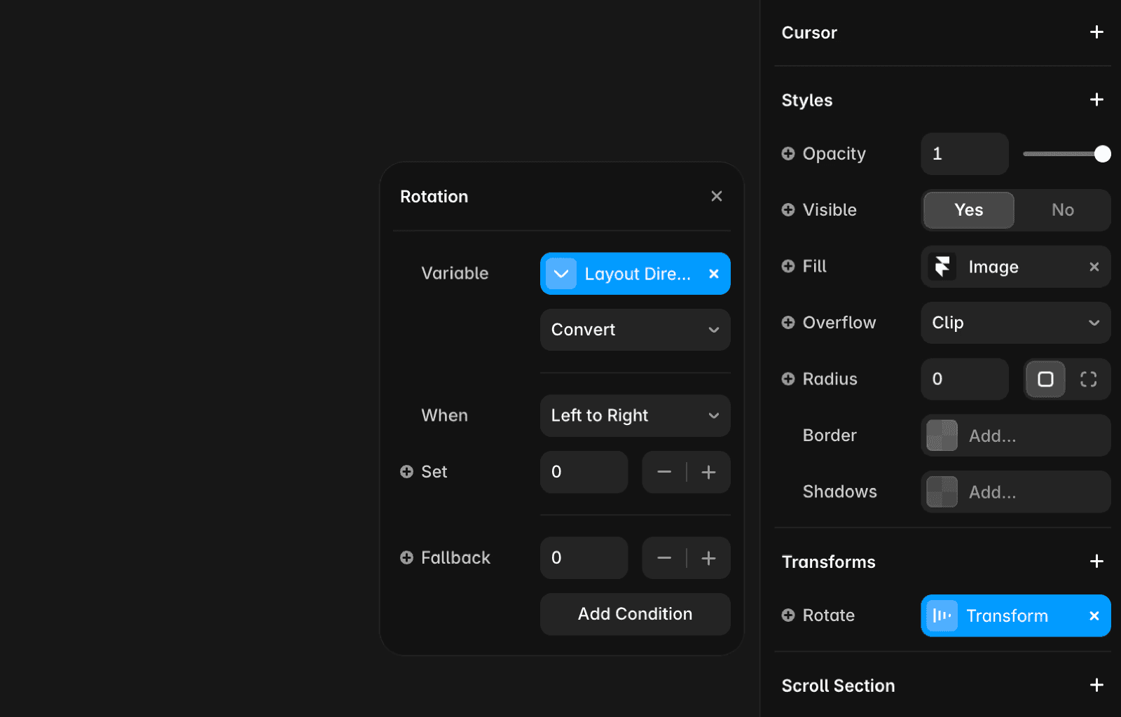 Framer Rotation panel showing a layout-direction variable that converts rotation: 0 degrees when layout is Left to Right, 180 degrees when not, with Transform → Rotate enabled in the right sidebar.