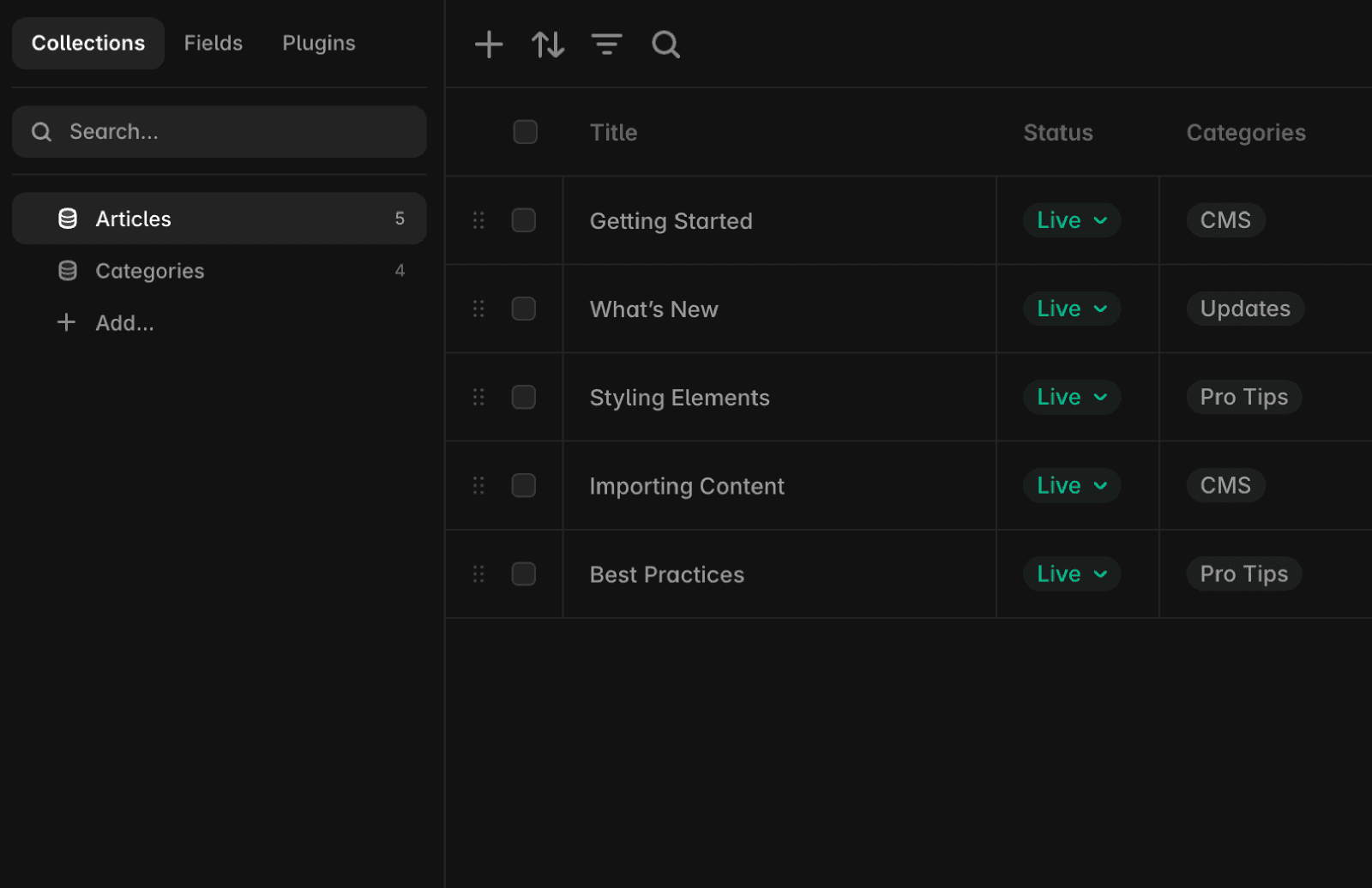Framer CMS interface with the Collections panel, displaying options for Articles and Categories.