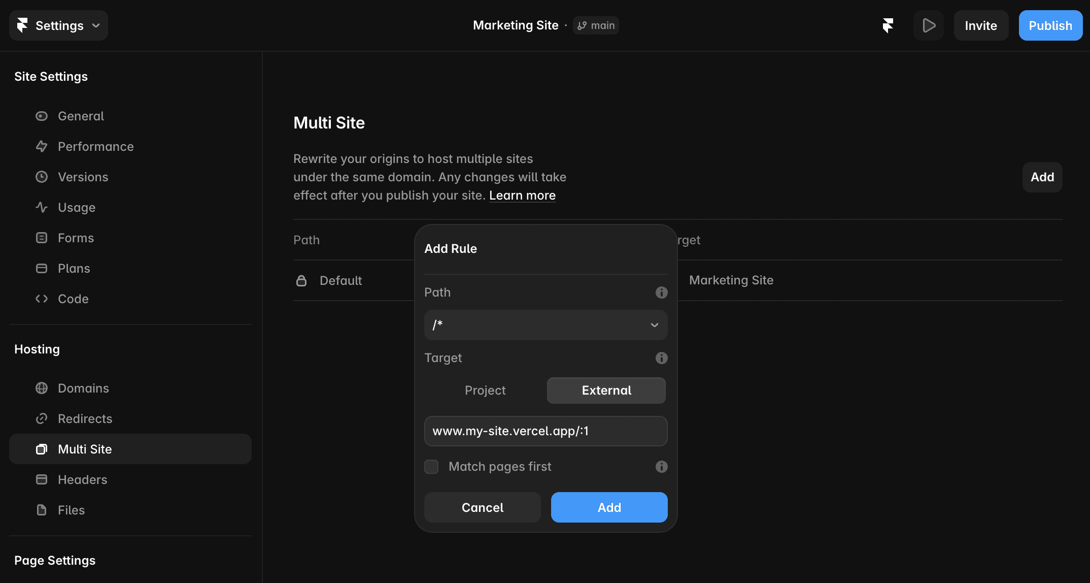 Site Settings → Hosting → Multi Site with the Add Rule dialog open for an external target.