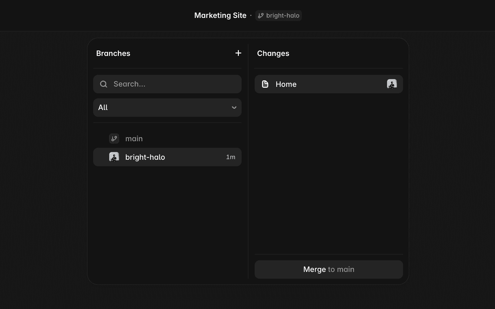 Framer review changes screen showing branch changes ready to be applied to main.