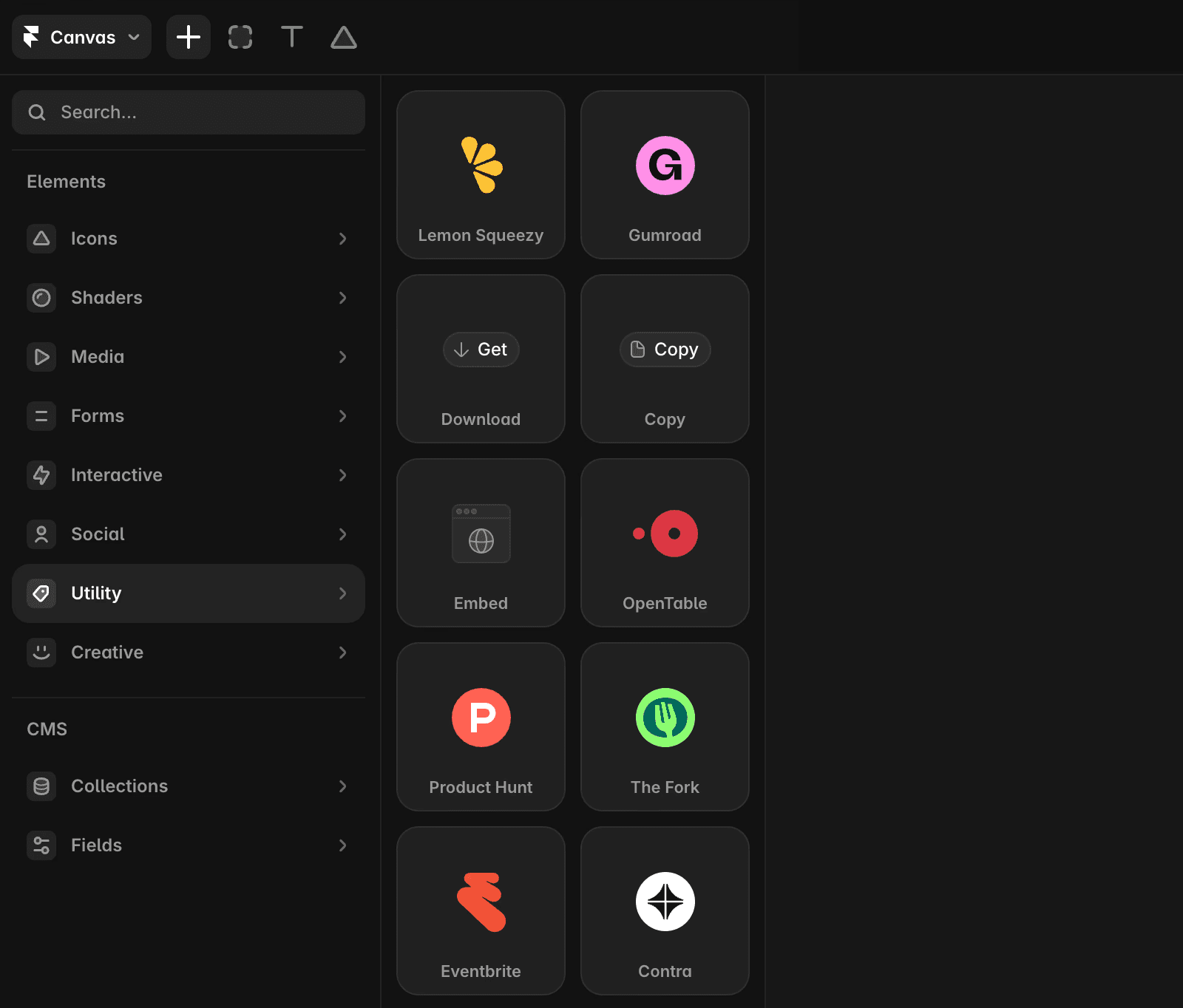 Insert menu showing the different embed elements.