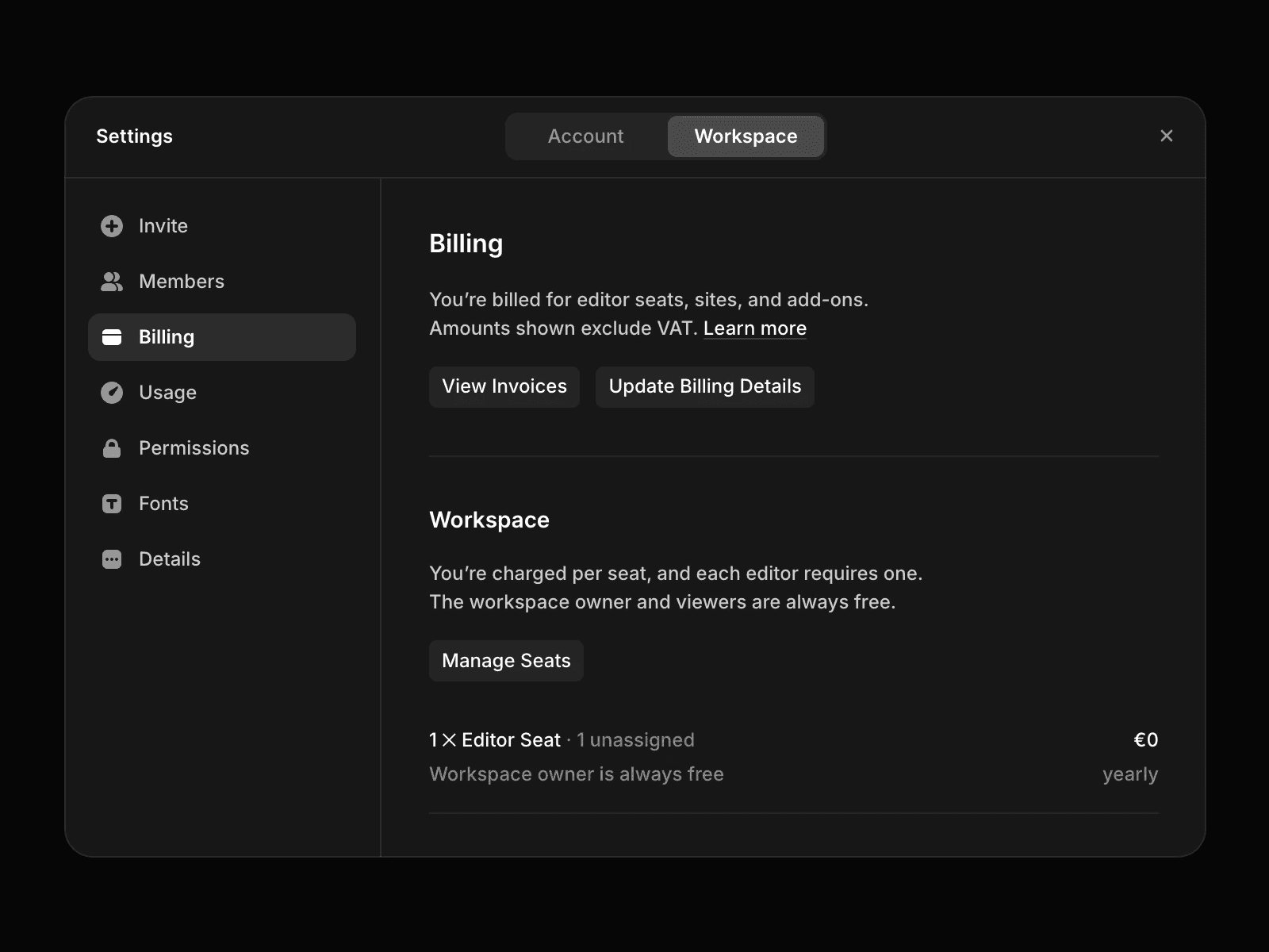 A dark-themed settings interface open to the "Plans" tab. The panel displays an overview of the current billing plan, including a yearly charge of €477.95 with 21% VAT, renewing on August 27, 2025. Buttons for "View Invoices" and "Update Billing Details" are provided. Below, a section explains workspace charges, noting that the owner is always free and billing excludes VAT, with a link to manage members.