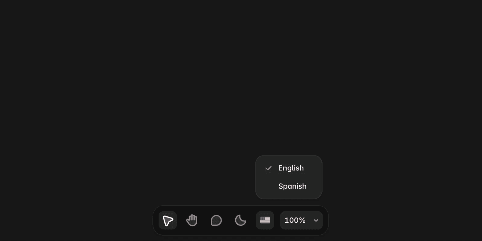 Framer's locale selector interface showing a dropdown menu with two language options: Español (currently selected with a checkmark) and English. Below the dropdown is the editor toolbar with various icons including a Spanish flag representing the current locale selection, and a zoom level indicator showing 100%.
