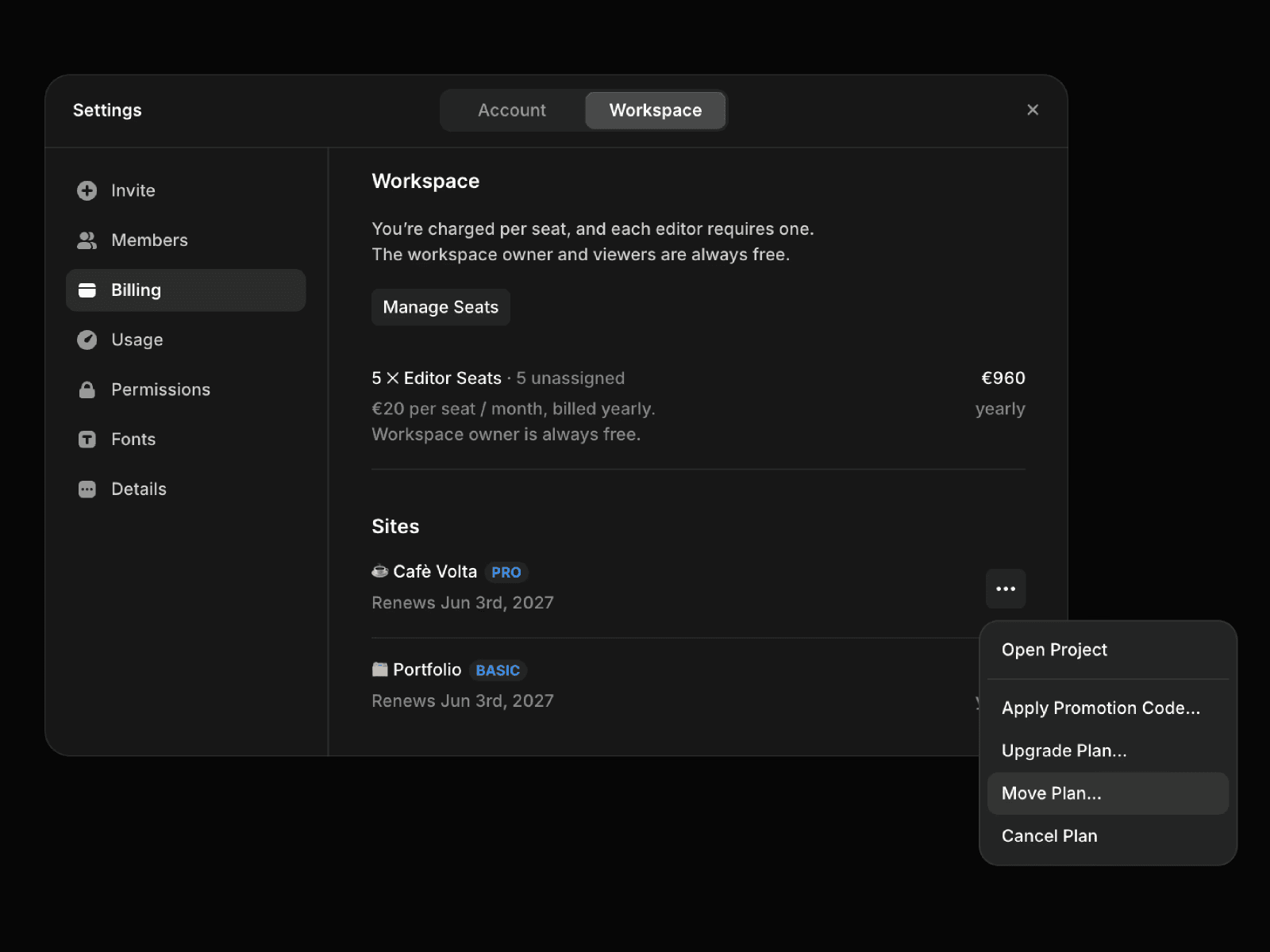 Screenshot showing the Move Plan option used to transfer a subscription to another project.