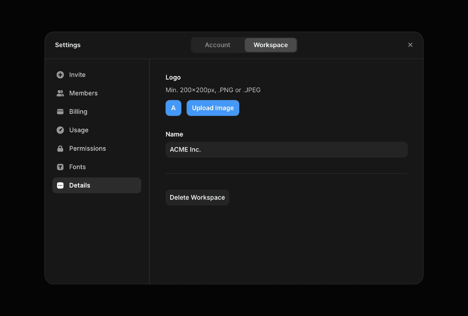 A dark-themed settings interface open to the "Details" tab. The panel allows users to upload a workspace logo with a minimum resolution of 200x200px in PNG or JPEG format. A text field shows the workspace name as "My Workspace," and a button at the bottom allows users to "Delete Workspace."
