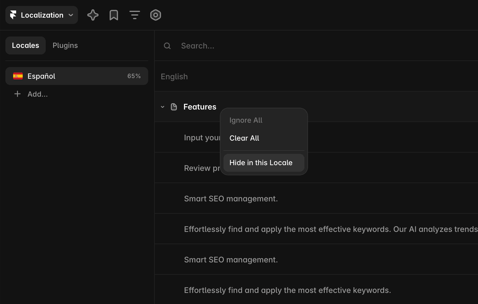 Alt text: Framer Localization panel with Español selected, showing a context menu over the “Features” page with “Hide in this locale” highlighted.