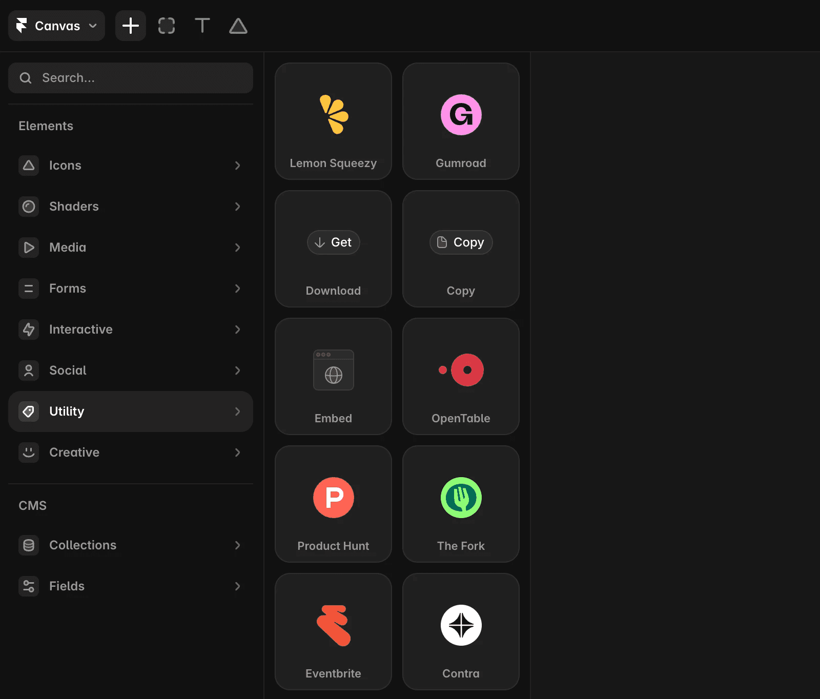 The left panel shows six element options under the 'Elements' category: Calendly, Intercom, Typeform, Hubspot, Tagembed, and Embed, each represented by a distinct icon.