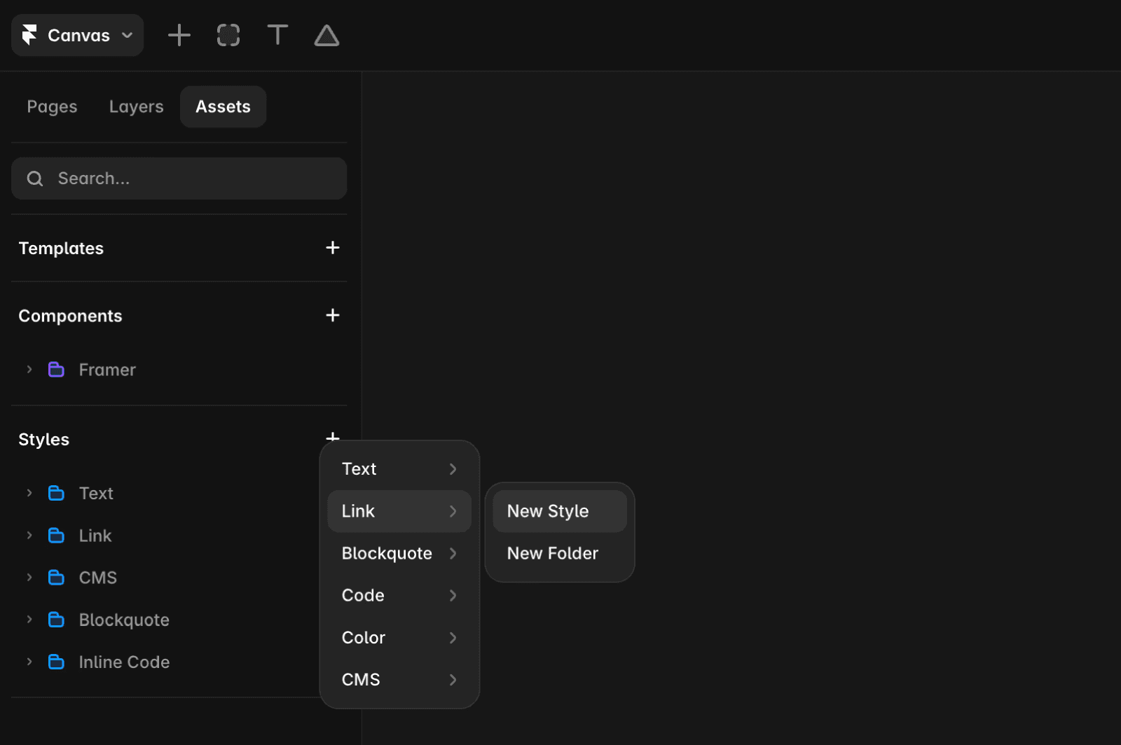 UI showing how to add a link style in the assets panel by clicking the plus icon next to styles