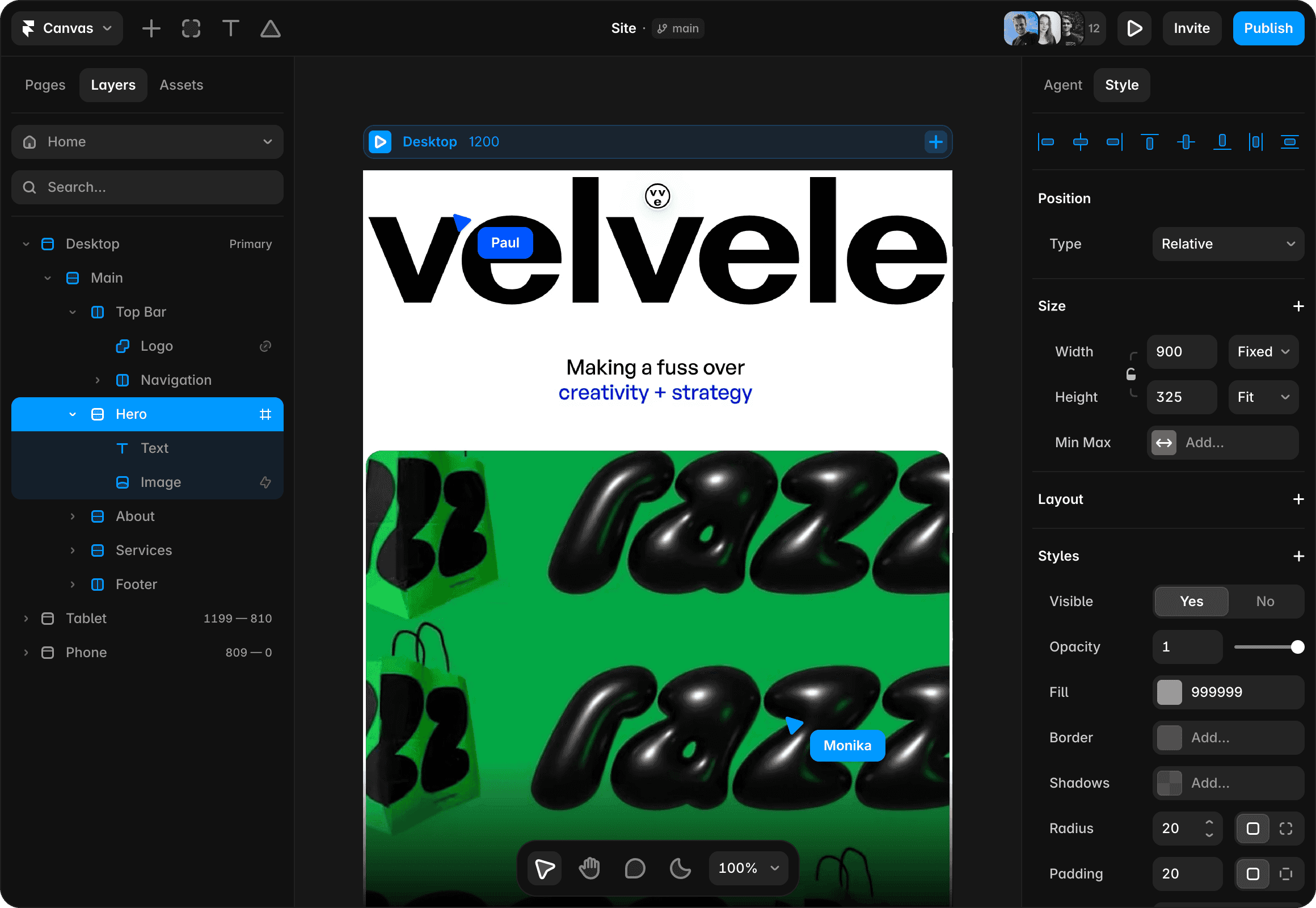 Framer canvas showing an agency website being edited