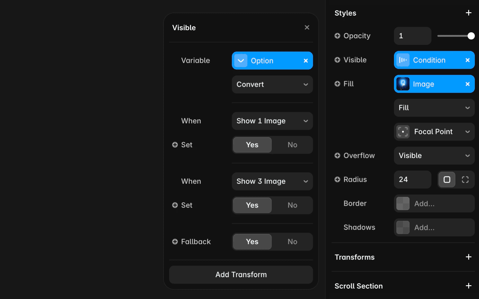 Shows the Convert conditional transform modal.