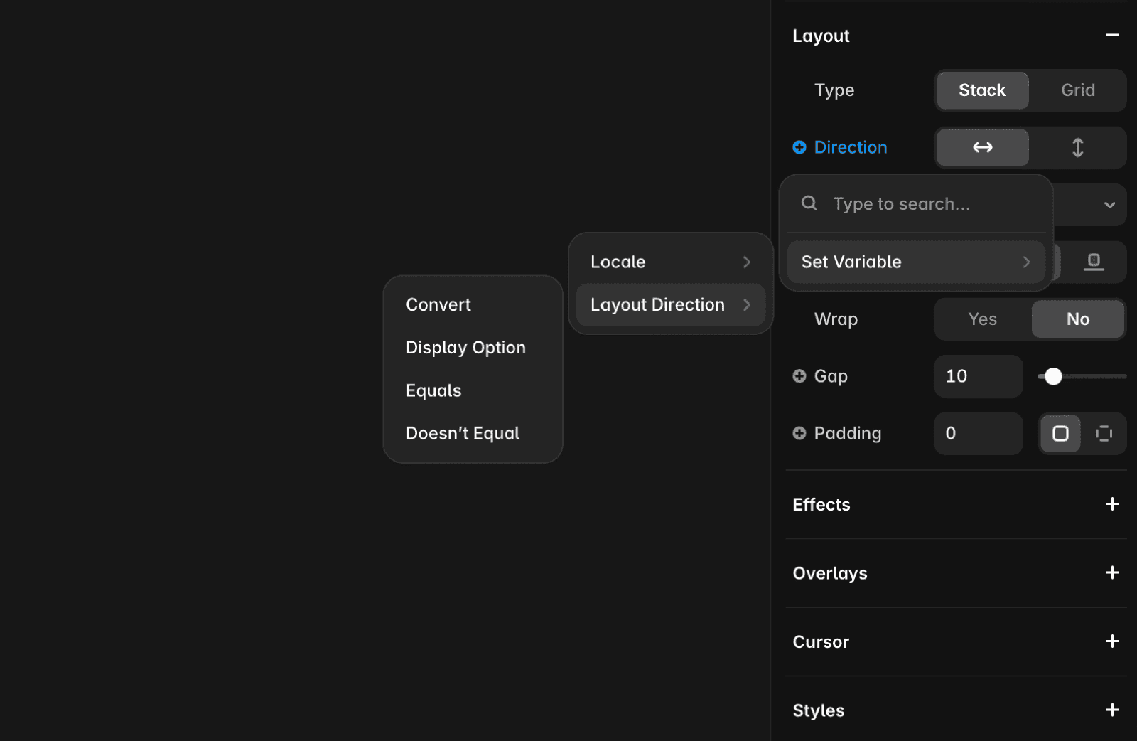 Framer interface showing layout settings for a Stack. In the right sidebar, under Layout → Direction, a variable menu is open. The user is configuring a ‘Set Variable’ action that converts the current Locale to a Layout Direction value, with options like Convert, Display Option, Equals, and Doesn’t Equal visible in the dropdown.