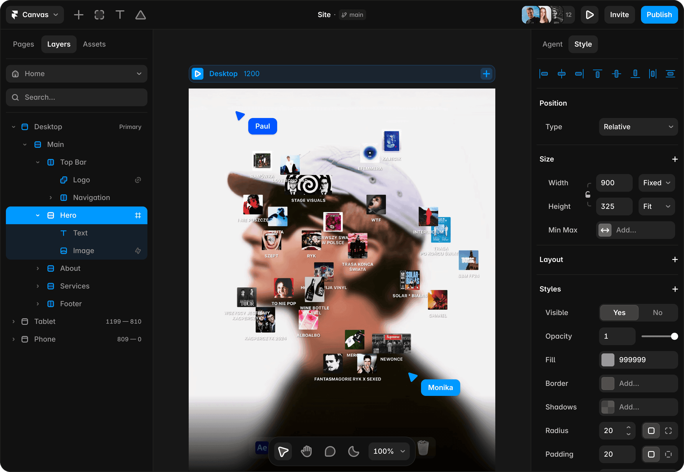 Framer canvas showing portfolio website layout editing