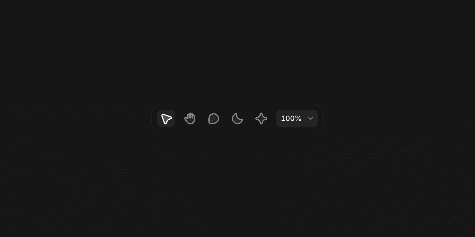A dark interface with a bottom toolbar containing icons for a pointer tool, hand tool, comments, a toggle to switch between light and dark mode, and a zoom level indicator set to 100%.