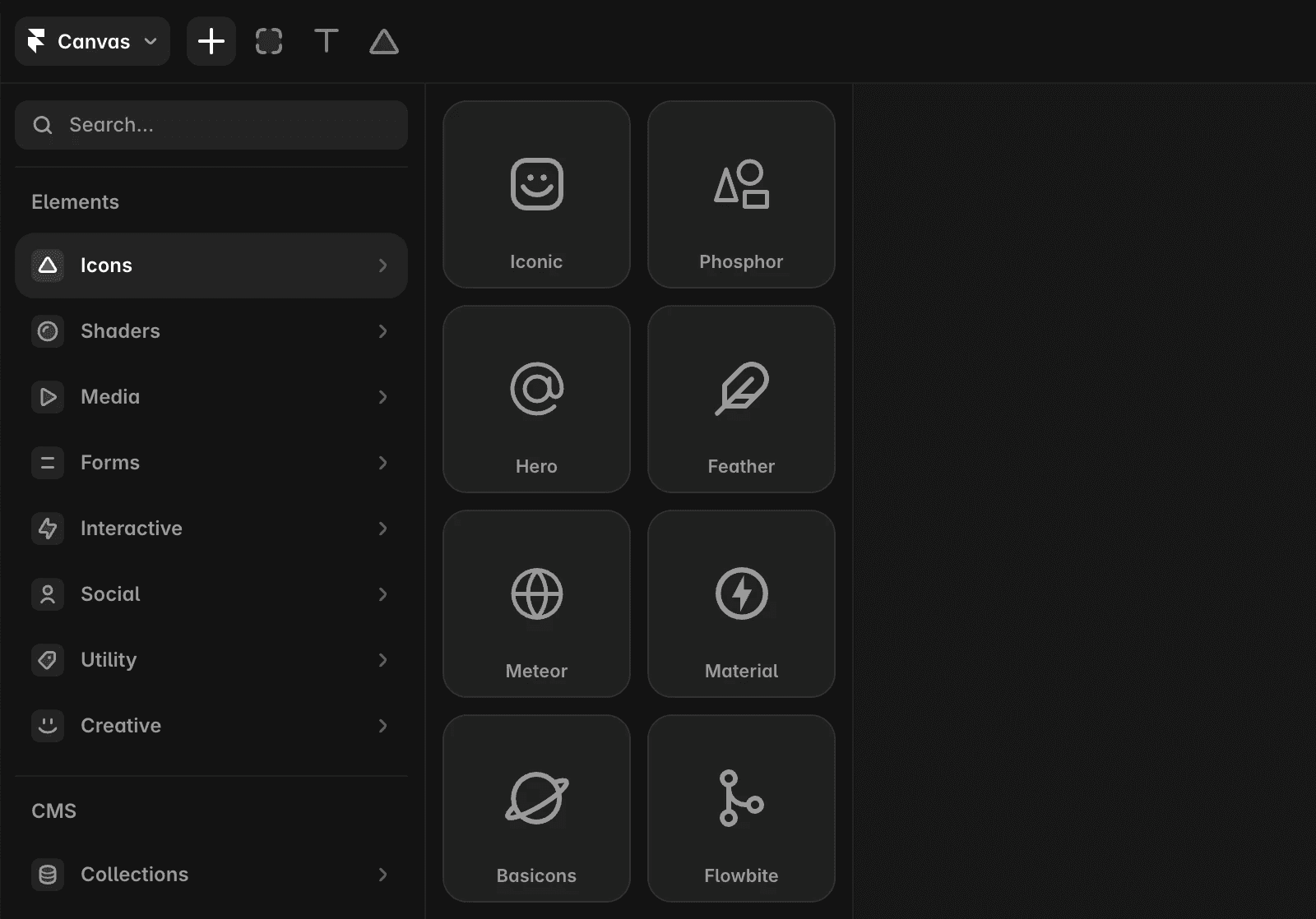 Insert panel in Framer showing all the different Icon components.