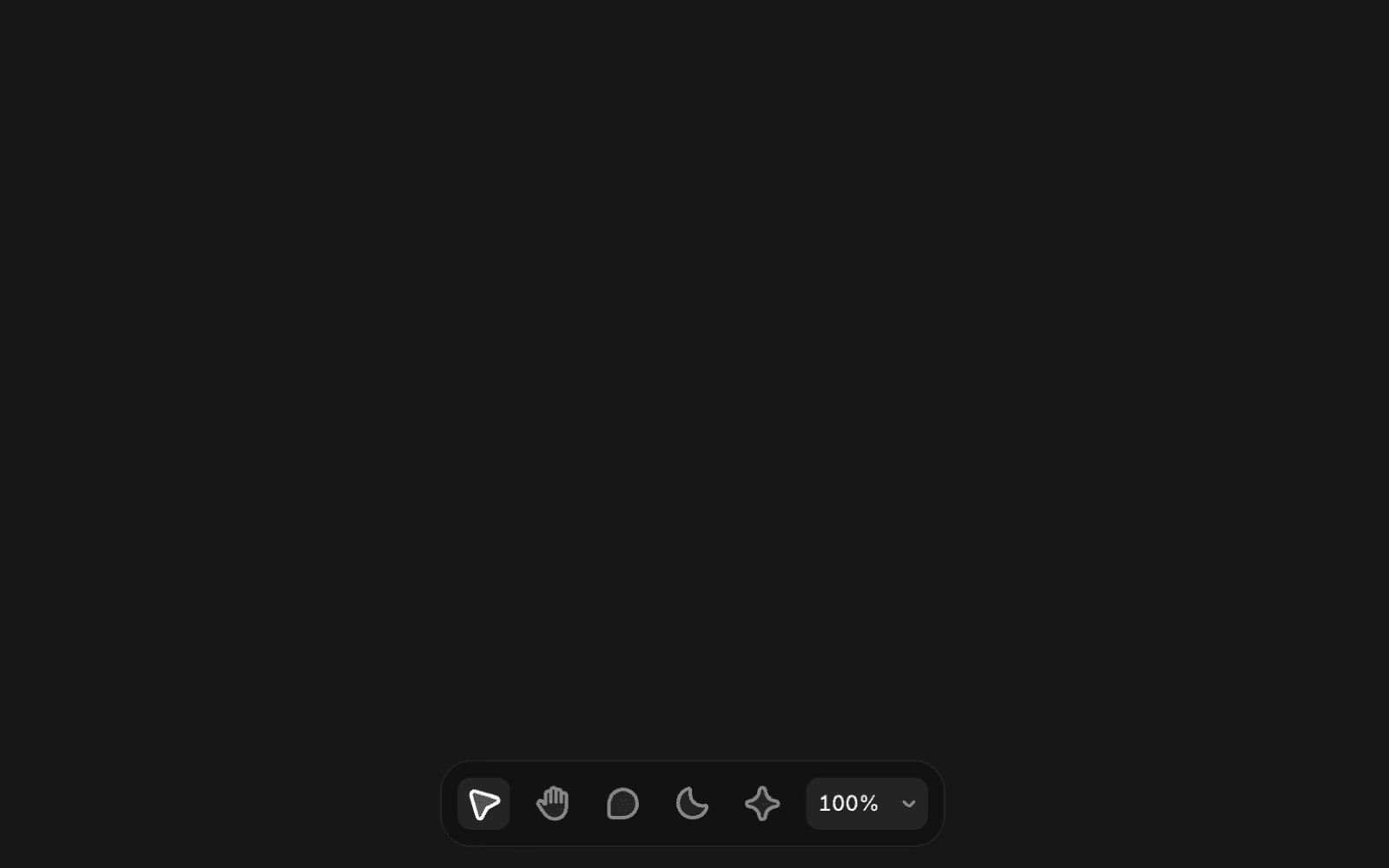A dark interface with a bottom toolbar containing icons for selection, hand tool, comments, a sun icon for switching between light and dark modes, and a zoom control set to 100%.