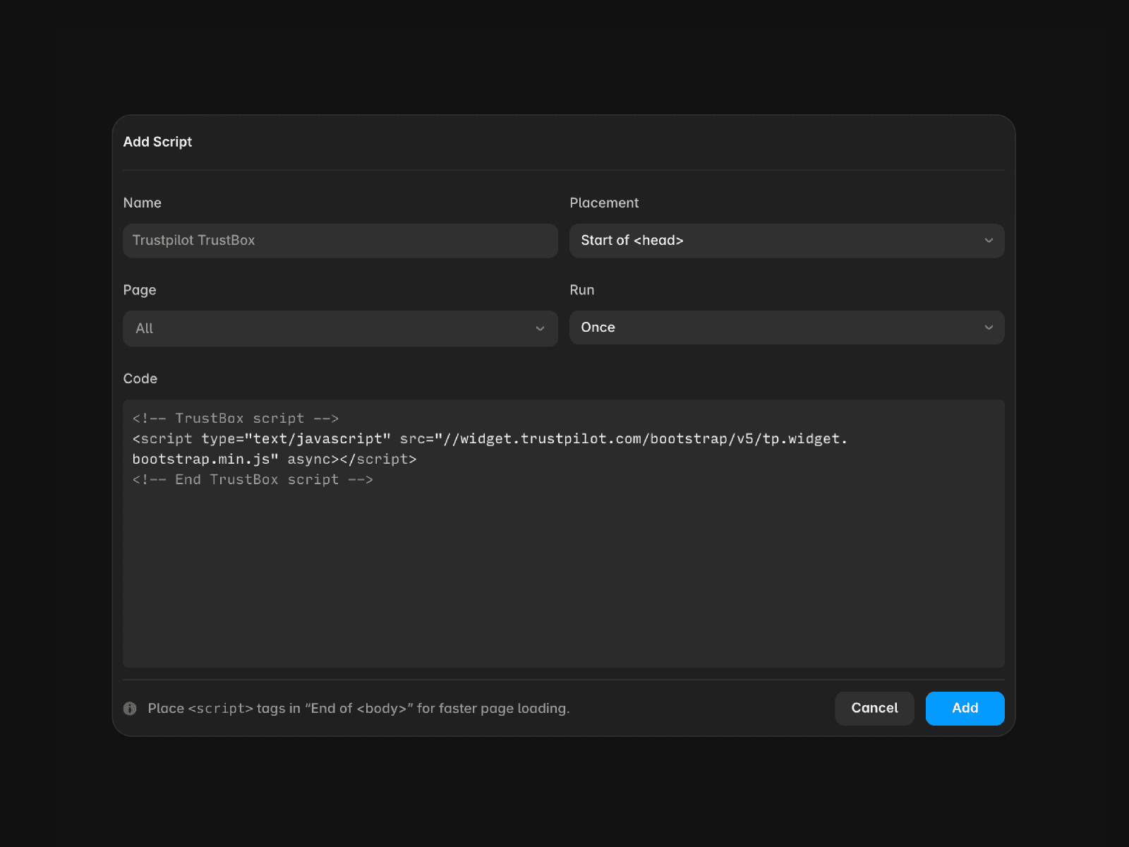 A settings interface titled 'Custom Code,' allowing users to add custom code and scripts to every page of a website. The section displays a code block labeled 'Start of tag,' containing a TrustBox script from Trustpilot.
