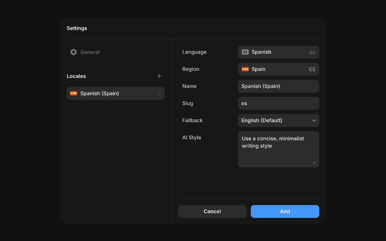 Framer localization settings panel showing a Spanish (Spain) locale selected. On the right, form fields define Language (Spanish), Region (Spain), Name (‘Spanish (Spain)’), Slug (‘es’), Fallback language (‘English (Default)’), and an ‘AI Style’ text area containing the prompt ‘Use a concise, minimalist writing style.’ At the bottom are Cancel and Add buttons.