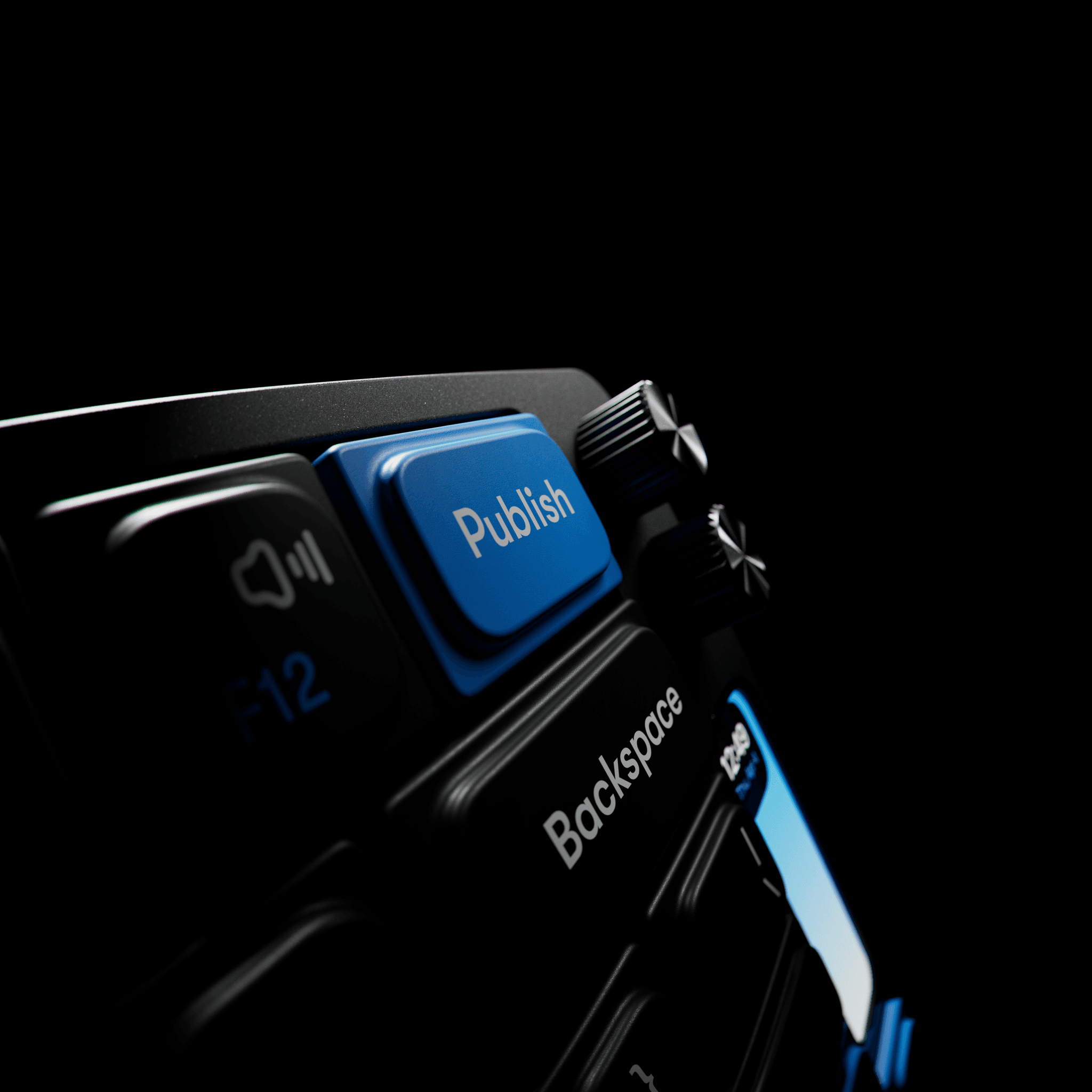 Wide angle shot of the Framer F1 keyboard highlighting its premium hardware finish and detailed craftsmanship.