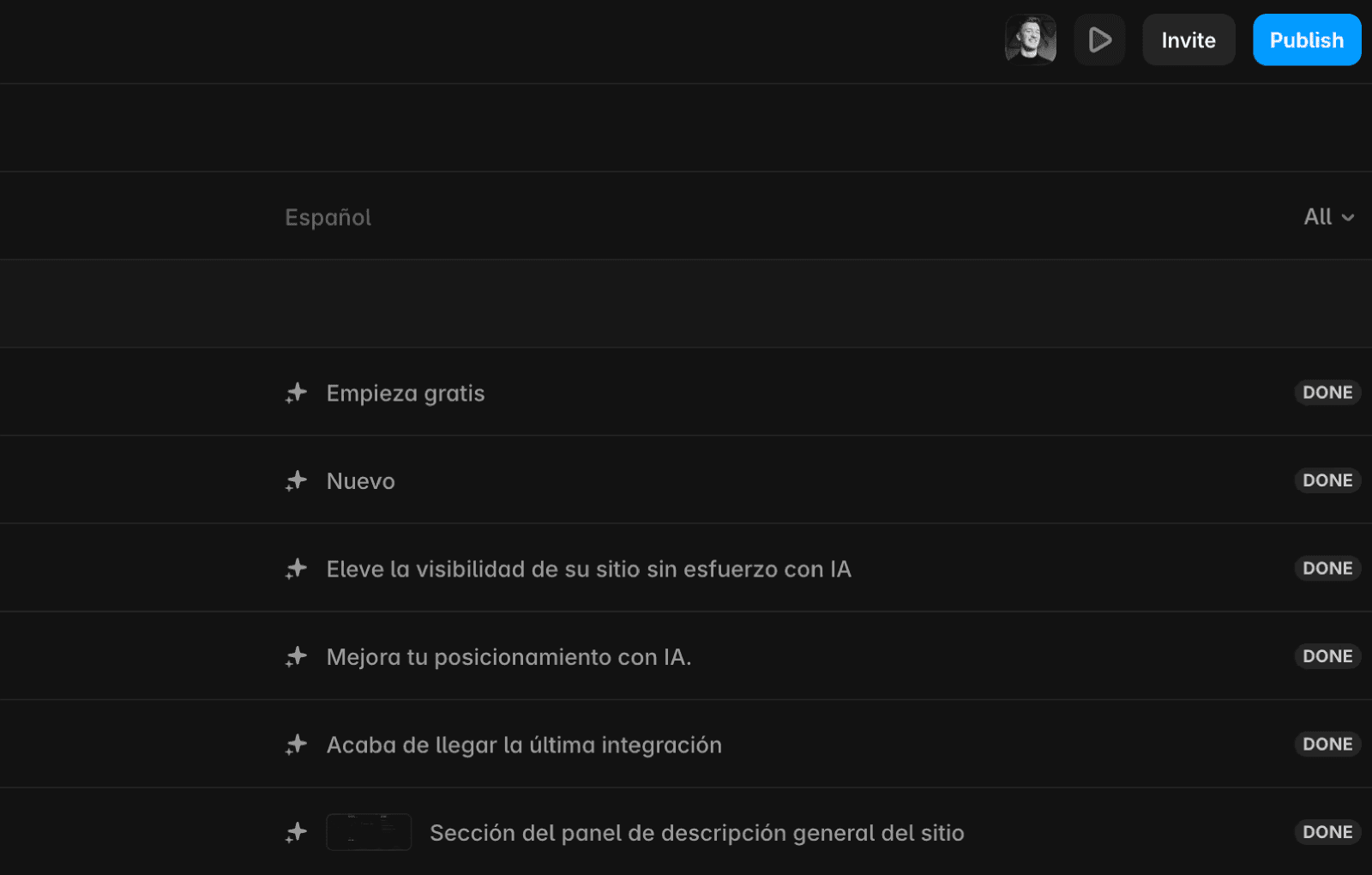 Localization view showing Spanish content list with a status filter menu open. The dropdown is set to “All” and includes options: New, To Review, Done, and Hidden. Several Spanish items in the list display a “DONE” status badge on the right.